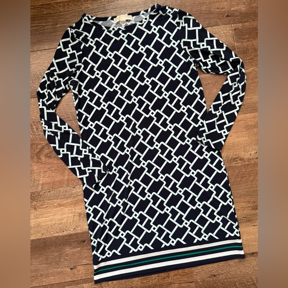 Michael Kors Navy and White Geometric Long Sleeve Dress - Picture 5 of 6